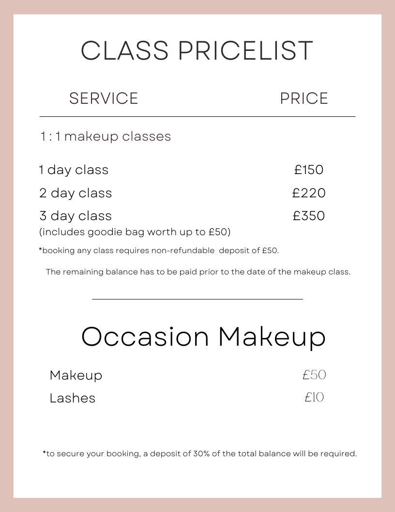 Price list for Makeup Services for GIA Makeup Artist & Trainer